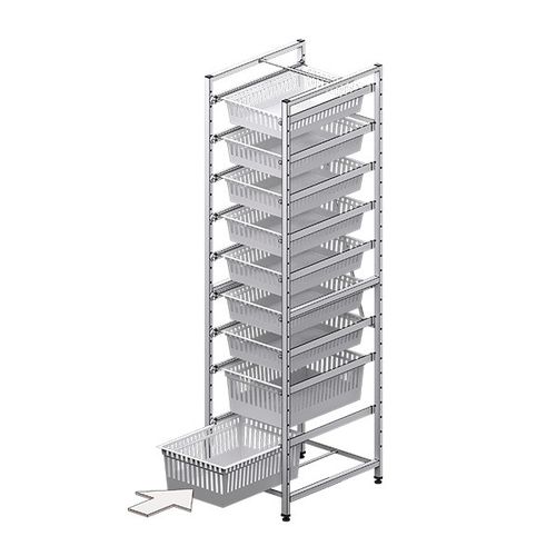 模块化搁板货架 - F-RACK-400 - Behmpat Producciones S.L - 用于篮筐 / 开放式结构 / 带轨道