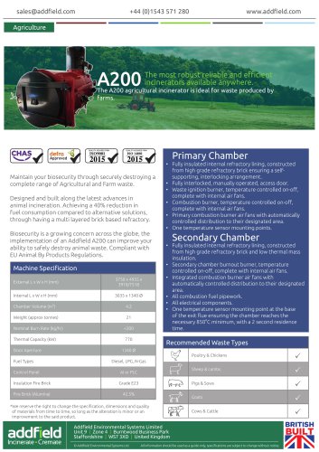 Addfield A200 Animal Waste Incinerator Datasheet