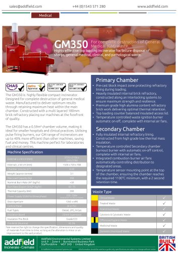 Addfield GM350 Medical Waste Incinerator Datasheet