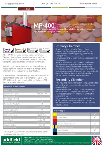 Addfield MP400 Medical Waste Incinerator Datasheet