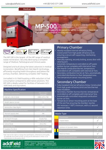 Addfield MP500 Medical Waste Incinerator Datasheet