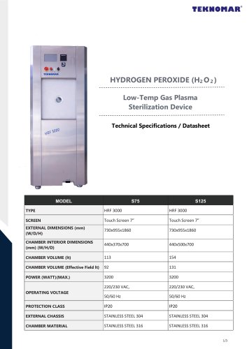 HRF 3000 H2O2 Plasma Sterilizer Data Sheet