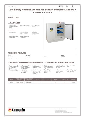 Low Safety cabinet 90 min for lithium batteries 2 doors + VIG190 + 2 E35LI