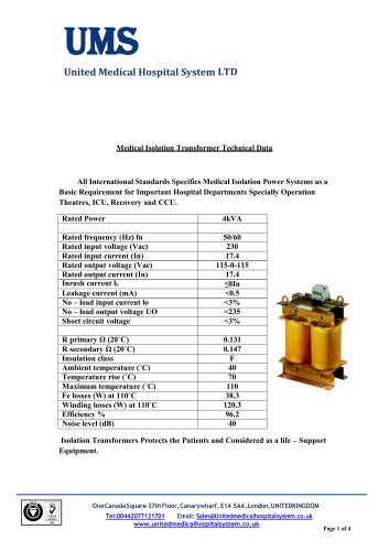 Medical Isolation Transformer Technical Data