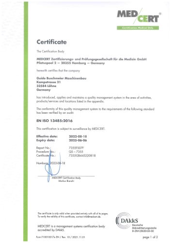 Certificate ISO 13485 - buschmeier