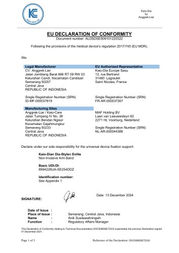 D&eacute;claration de conformit&eacute; UE pour Dia-Style Medtronic Guardian Enlite