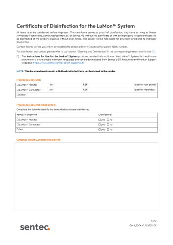 Certificate of Disinfection for the LuMon&trade; System