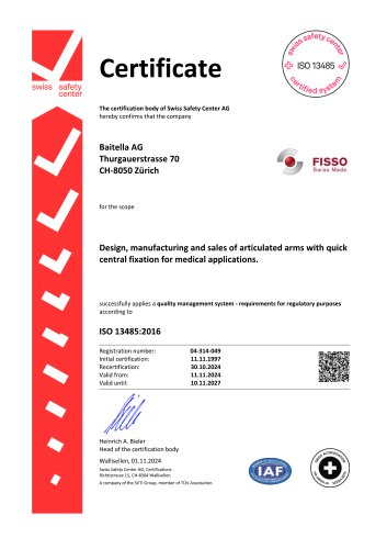Certificate ISO 13485 Baitella AG