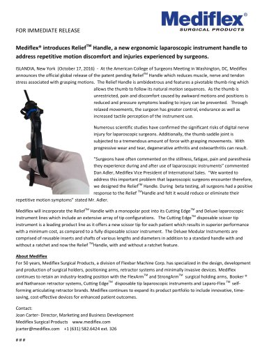 Mediflex® introduces ReliefTM Handle, a new ergonomic laparoscopic instrument handle to address repetitive motion discomfort and injuries experienced by surgeons