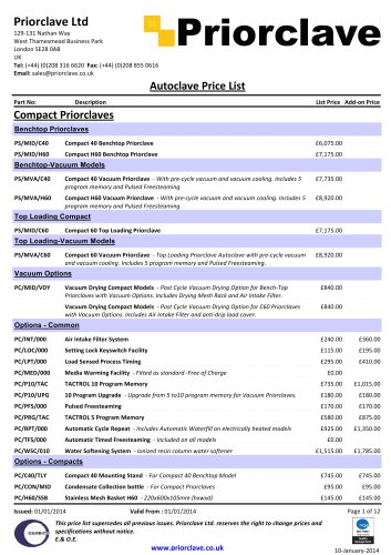 Autoclave Pricelist