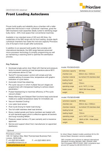 Front Loading 320 & 400L Priorclave Datasheet