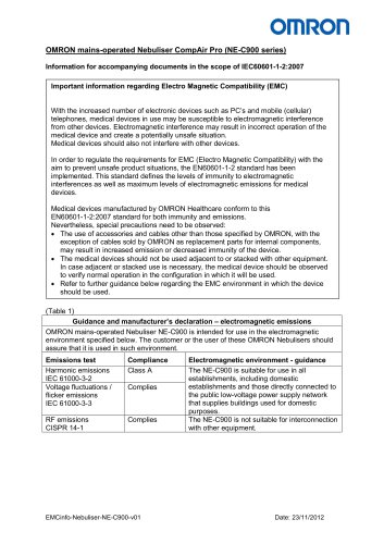 EMCinfo - Nebuliser - NE - C 900 - v01 Date: 23/11/ 20 12 OMRON mains - operated Nebuliser CompAir Pro ( NE - C 900 series)