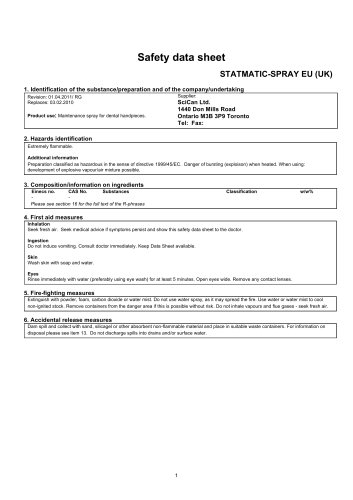 STATMATIC spray MSDS sheet