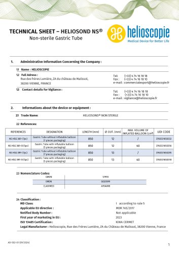 Technical Sheet - Heliosond NS (Non Sterile)