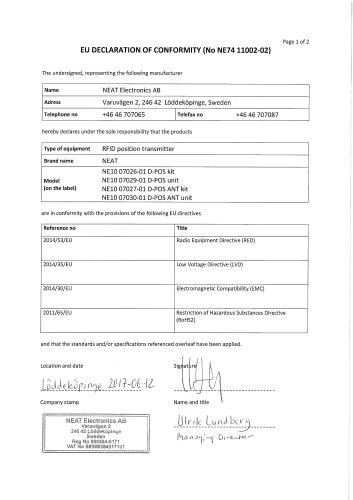 EU DECLARATION OF CONFORMITY (No NE74 11002-02)