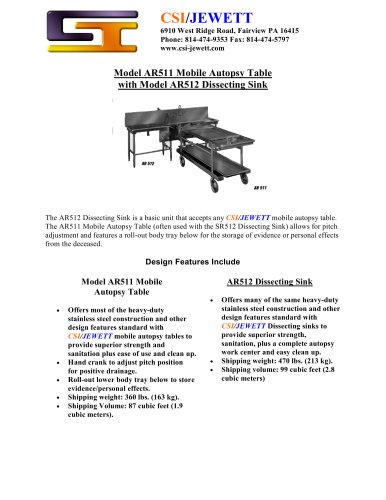 Model AR511 Mobile Autopsy Table with Model AR512 Dissecting Sink