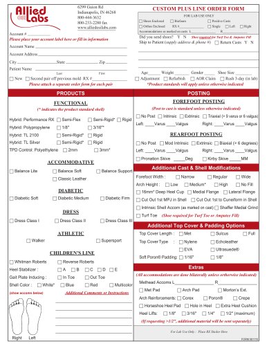 Custom Plus Line Orthotic Order Form
