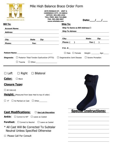 AFO Models Mile High Balance Brace Order  Form