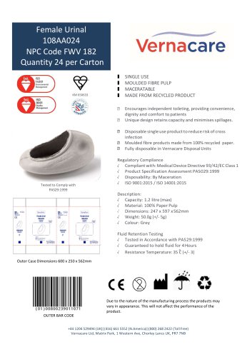 Female Urinal 108AA024 NPC Code FWV 182 Quantity 24 per Carton